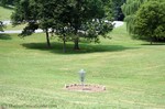 The green on a disc golf course. This is the Seven Oaks Disc Golf Course in Nashville, Tennessee.